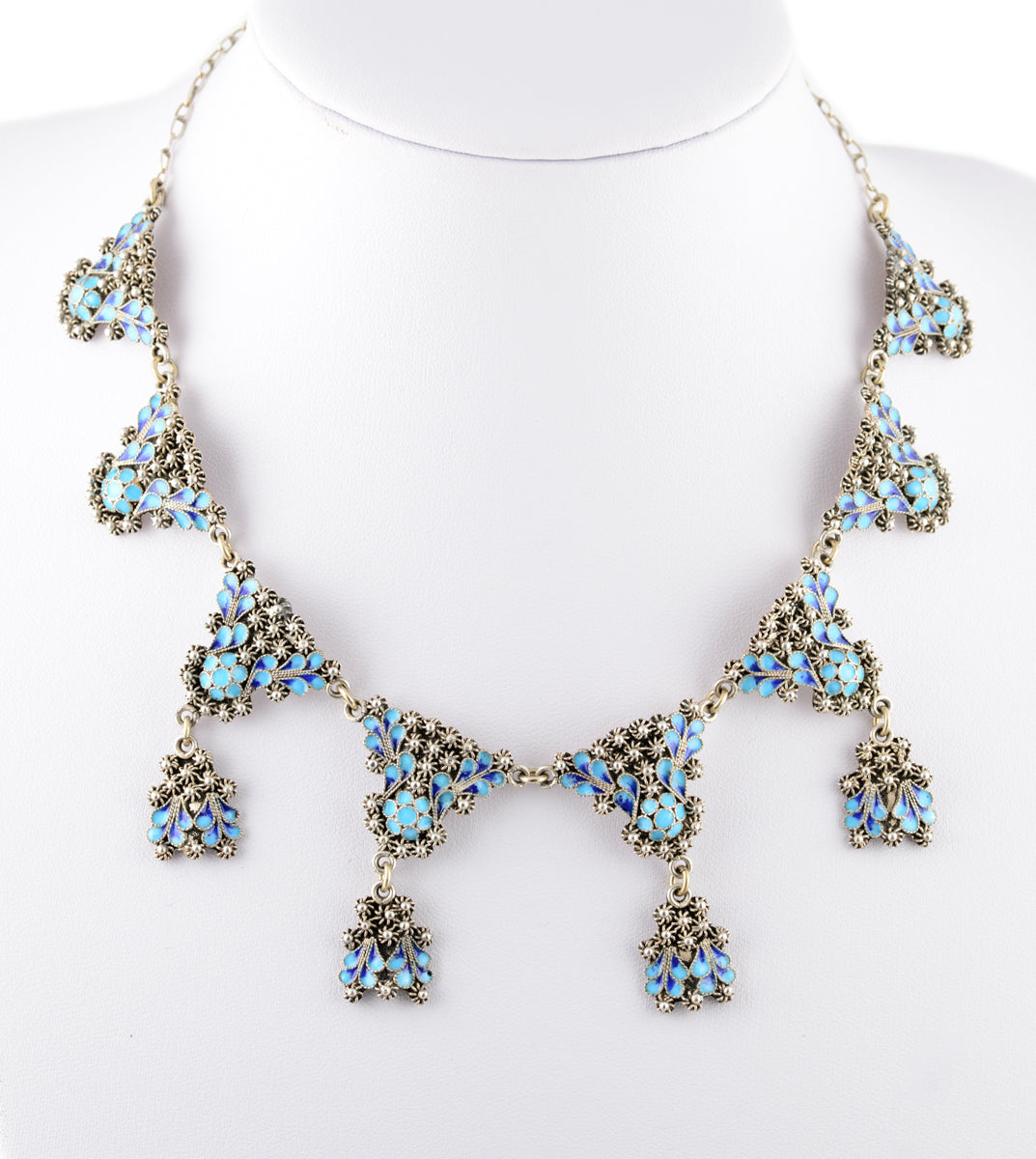 Vintage Indian Pure Silver & Blue Enamel Cannetille Bib Necklace (A1490)
