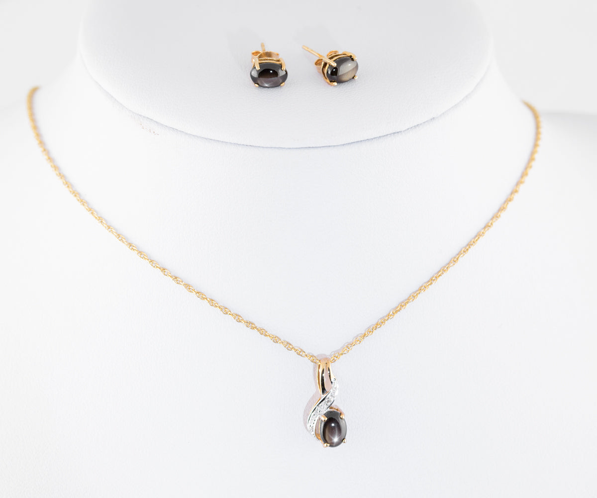 9ct Gold Star Sapphire & Diamond Necklace Pendant & Stud Earrings Set (A1491)