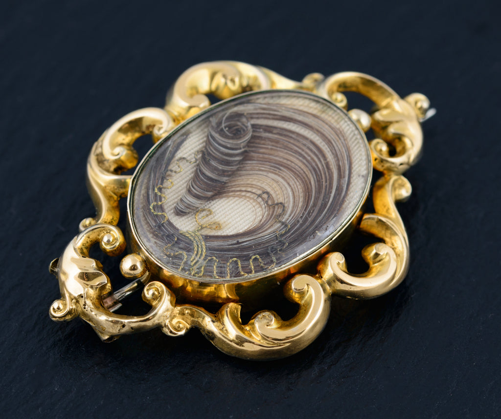 Antique Victorian Mourning Brooch 9ct Gold Decorative Hair Lock c.1850 (A1496)