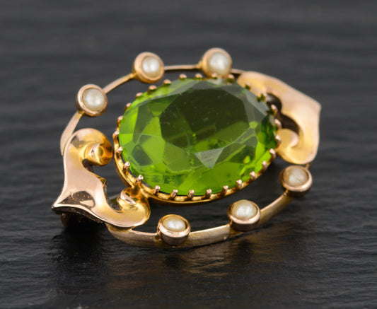 Antique Victorian 9ct Gold, Seed Pearl & Green Paste Gem Brooch/Pin (A1498)