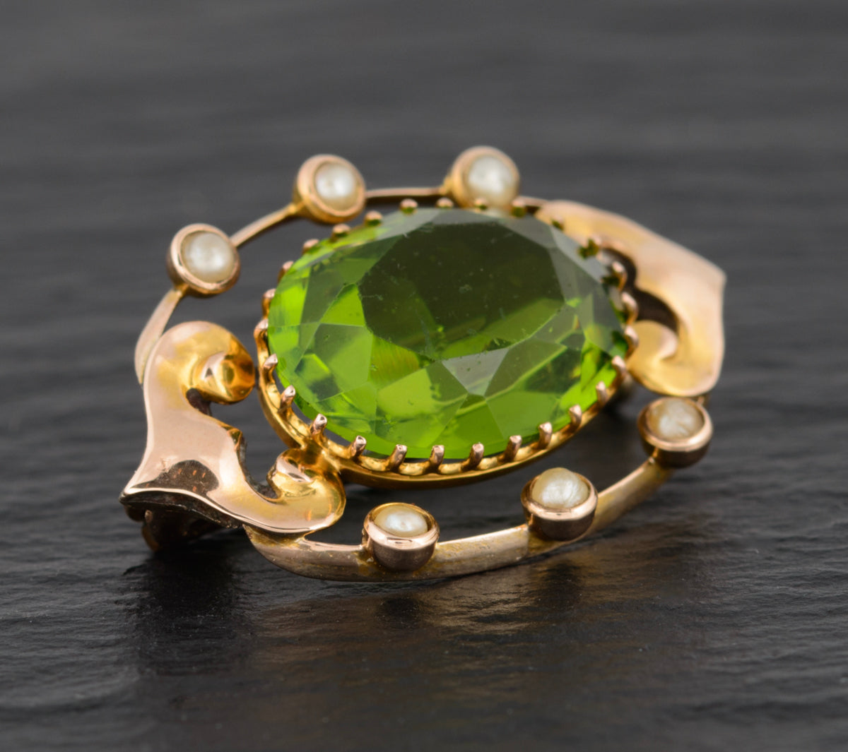Antique Victorian 9ct Gold, Seed Pearl & Green Paste Gem Brooch/Pin (A1498)