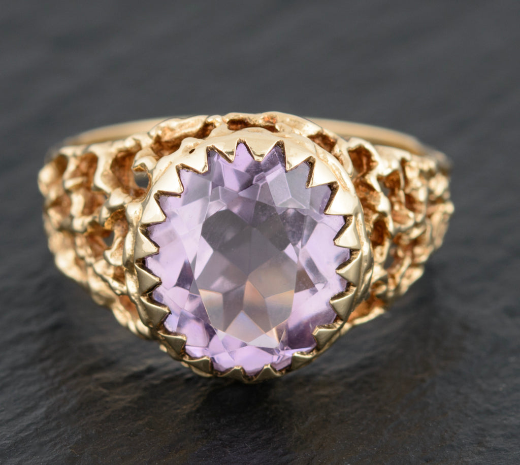 Vintage 9ct Gold Ring Amethyst Facet Cut Gemstone Modernist Design (A1504)