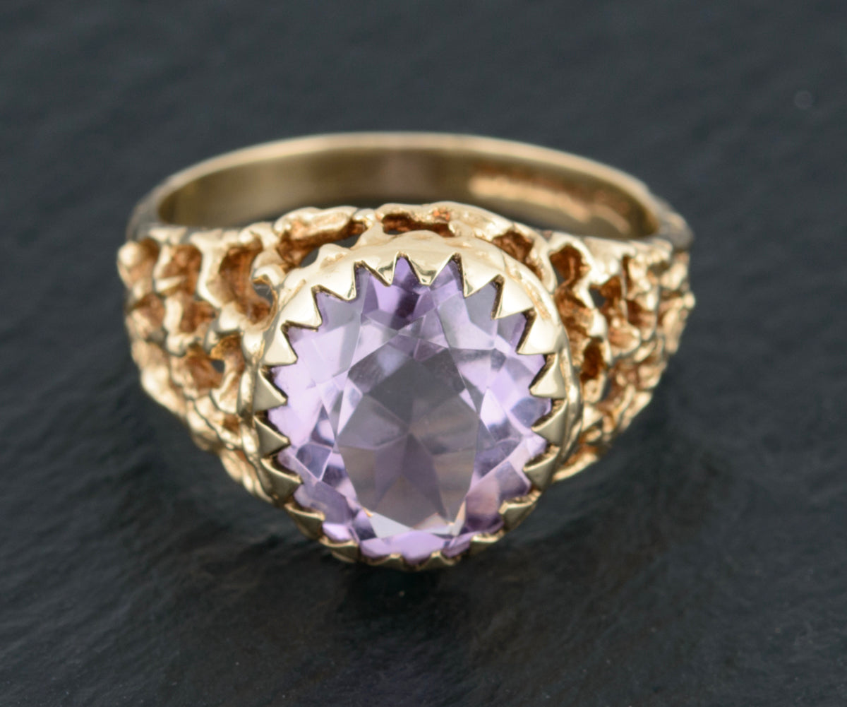 Vintage 9ct Gold Ring Amethyst Facet Cut Gemstone Modernist Design (A1504)