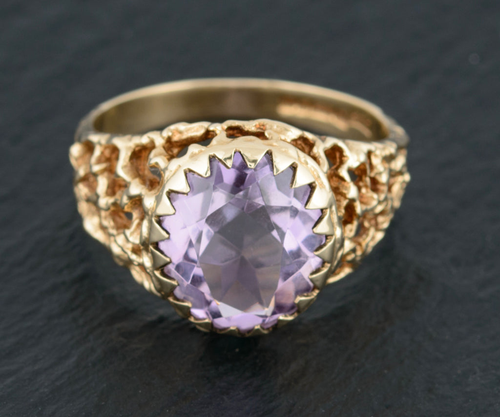 Vintage 9ct Gold Ring Amethyst Facet Cut Gemstone Modernist Design (A1504)