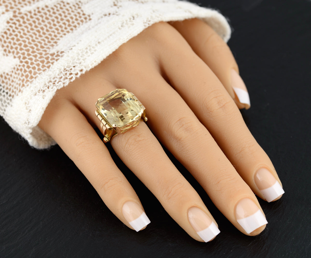 Vintage 18ct Gold Ring With Huge 17 Carat Emerald Cut Citrine Statement Jewelry  (A1506)