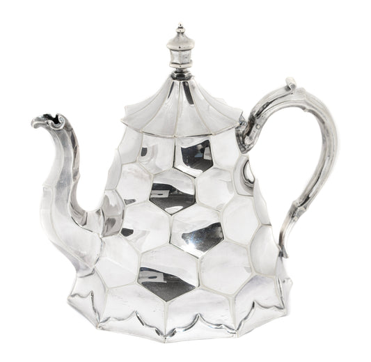 Antique Victorian Unusual Hexagon Honeycomb Silver Plated Teapot c.1890(A1515)