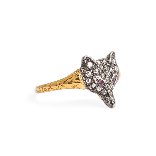 Edwardian Antique Gold, Diamond & Ruby Set Fox Head Ring - Size Q (Code A259)