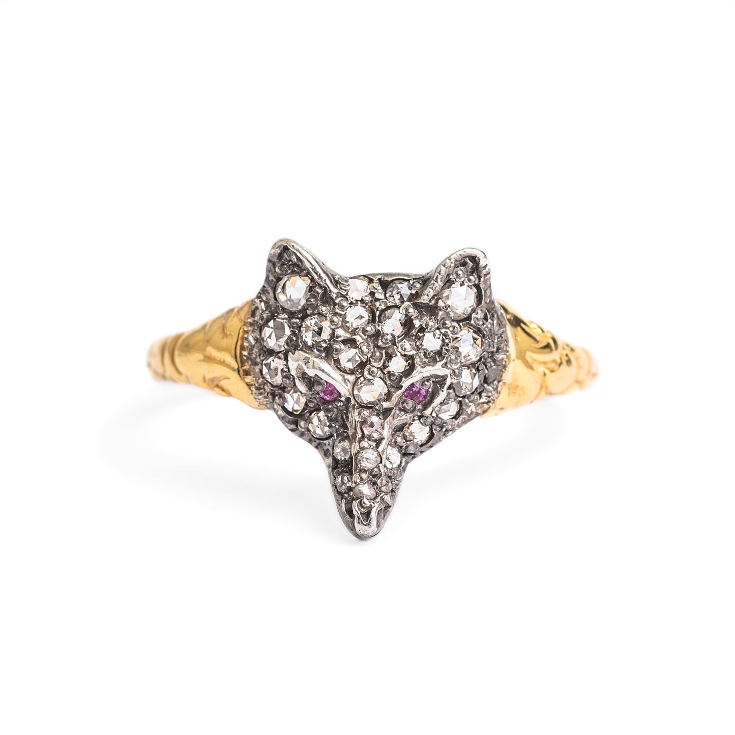 Edwardian Antique Gold, Diamond & Ruby Set Fox Head Ring - Size Q (Code A259)