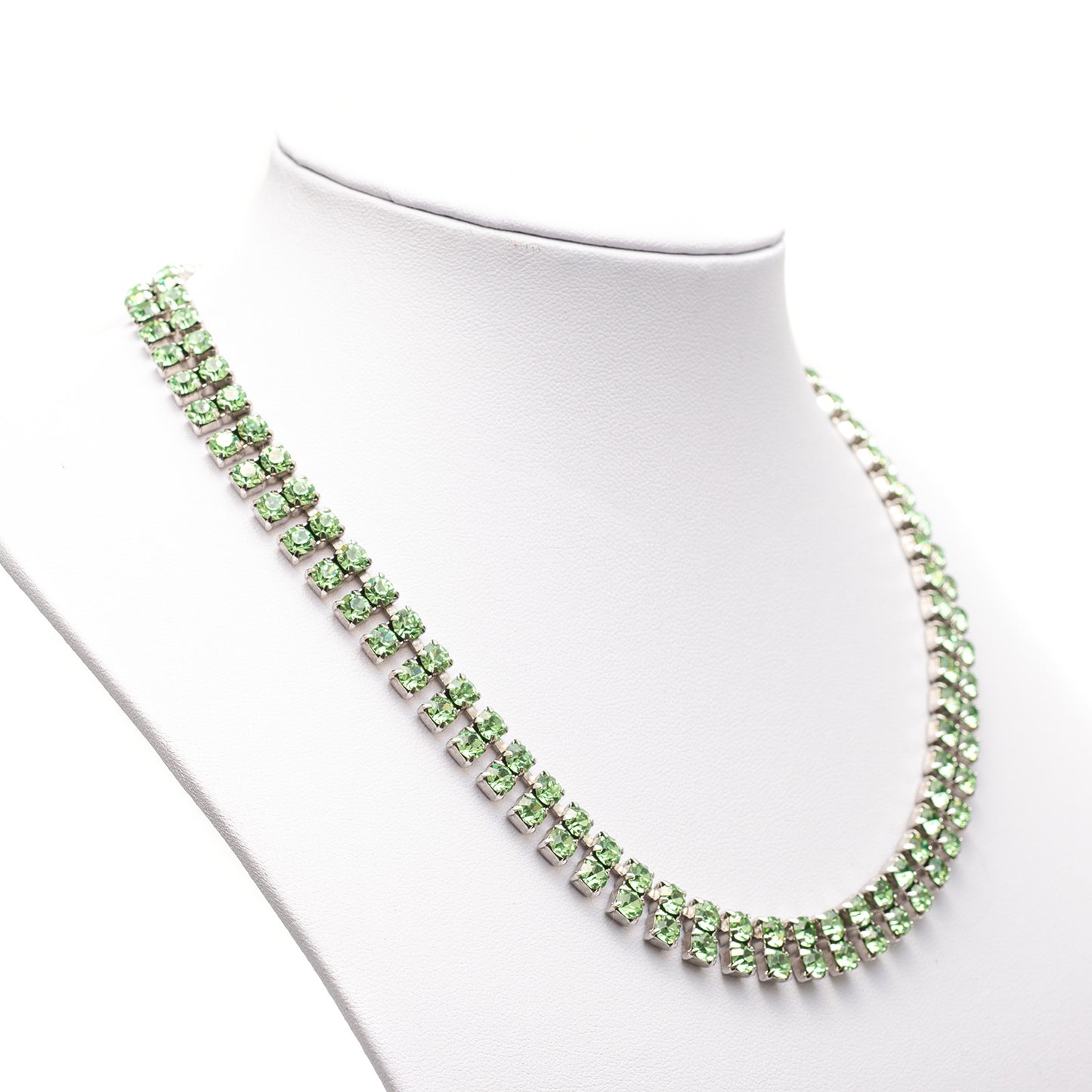 Vintage Art Deco Design Pretty Double Row Green Paste Stones Riviere Necklace (Code A276)