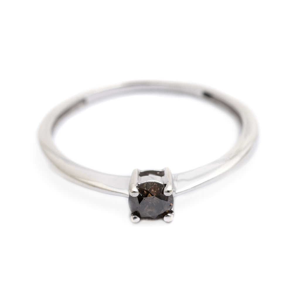 9ct White Gold & Cognac Diamond Solitaire Ring - Size N Ladies Slender Band (Code A303)