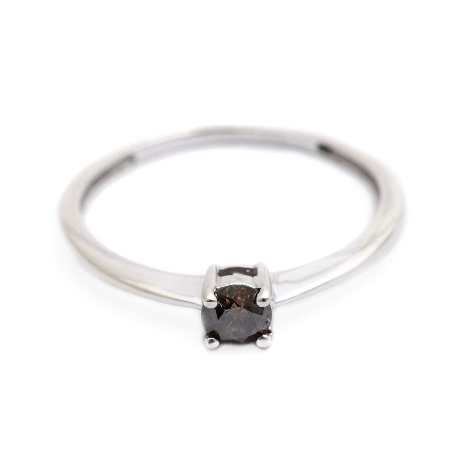 9ct White Gold & Cognac Diamond Solitaire Ring - Size N Ladies Slender Band (Code A303)