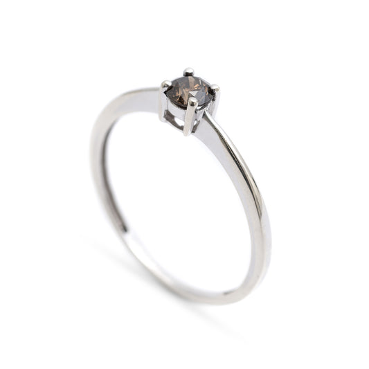 9ct White Gold & Cognac Diamond Solitaire Ring - Size N Ladies Slender Band (Code A303)