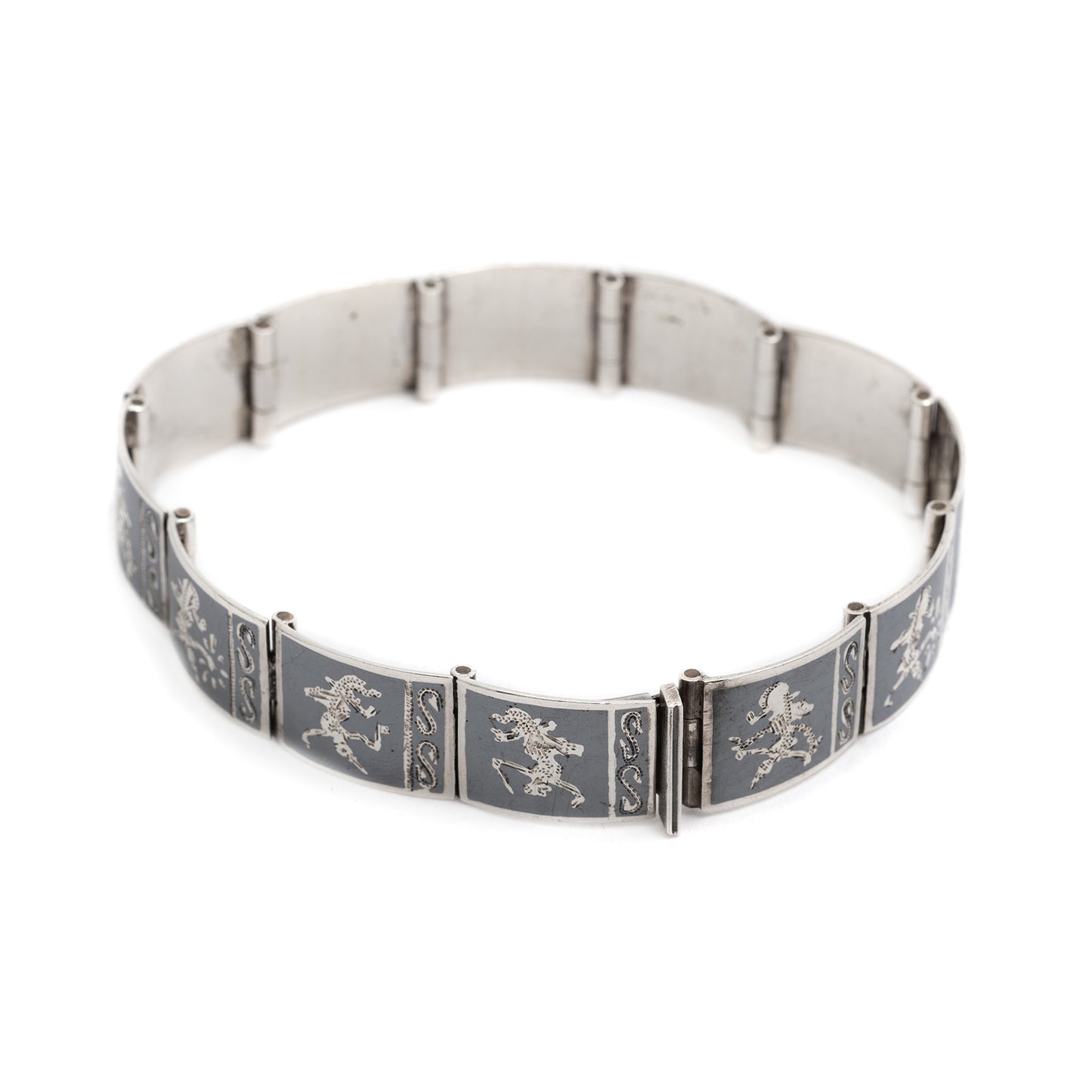 Vintage Siamese (Thailand) Silver Niello Traditional Dancers Panel Bracelet (Code A304)