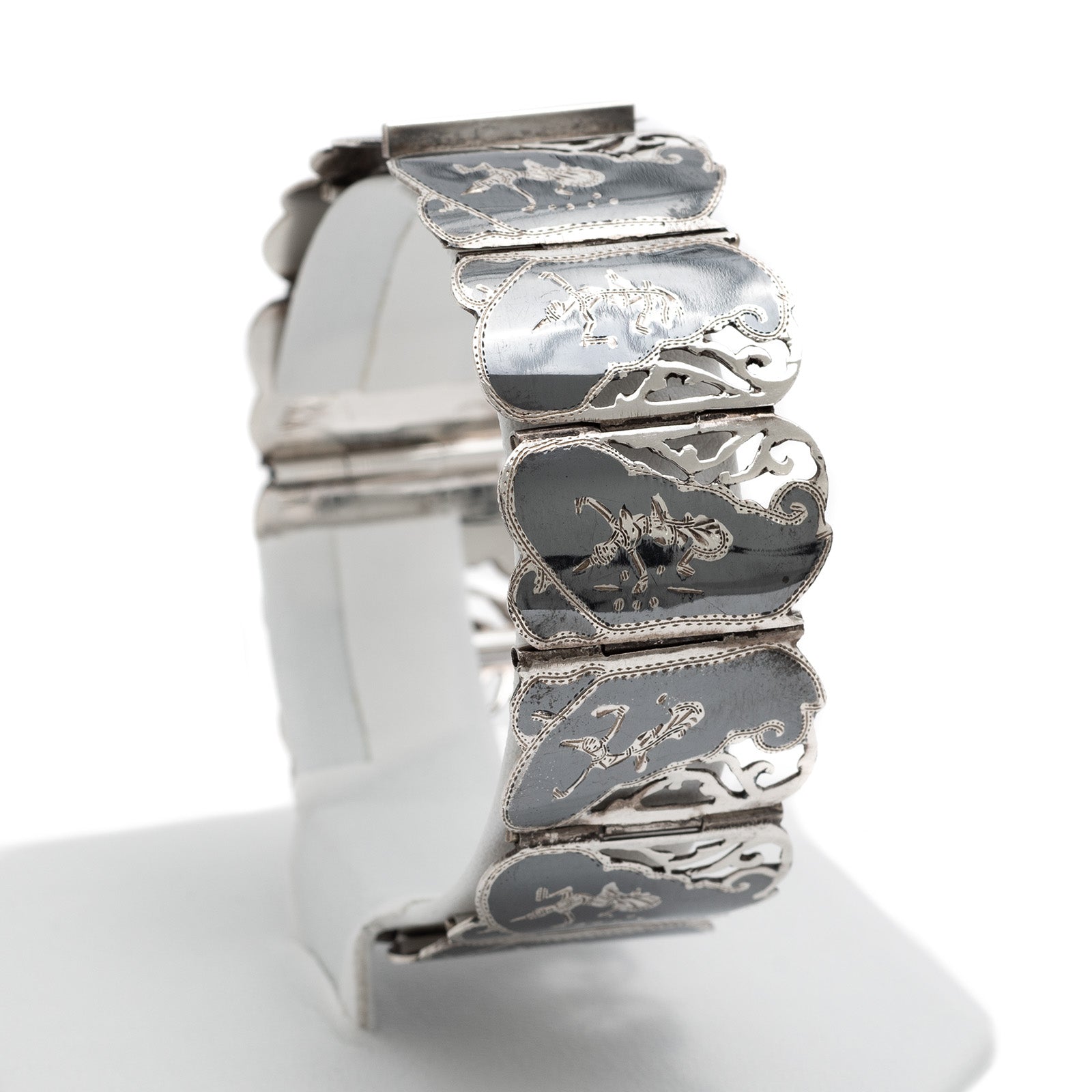 Vintage Siamese (Thailand) Silver Niello Fretwork Traditional Dancers Bracelet (Code A305)