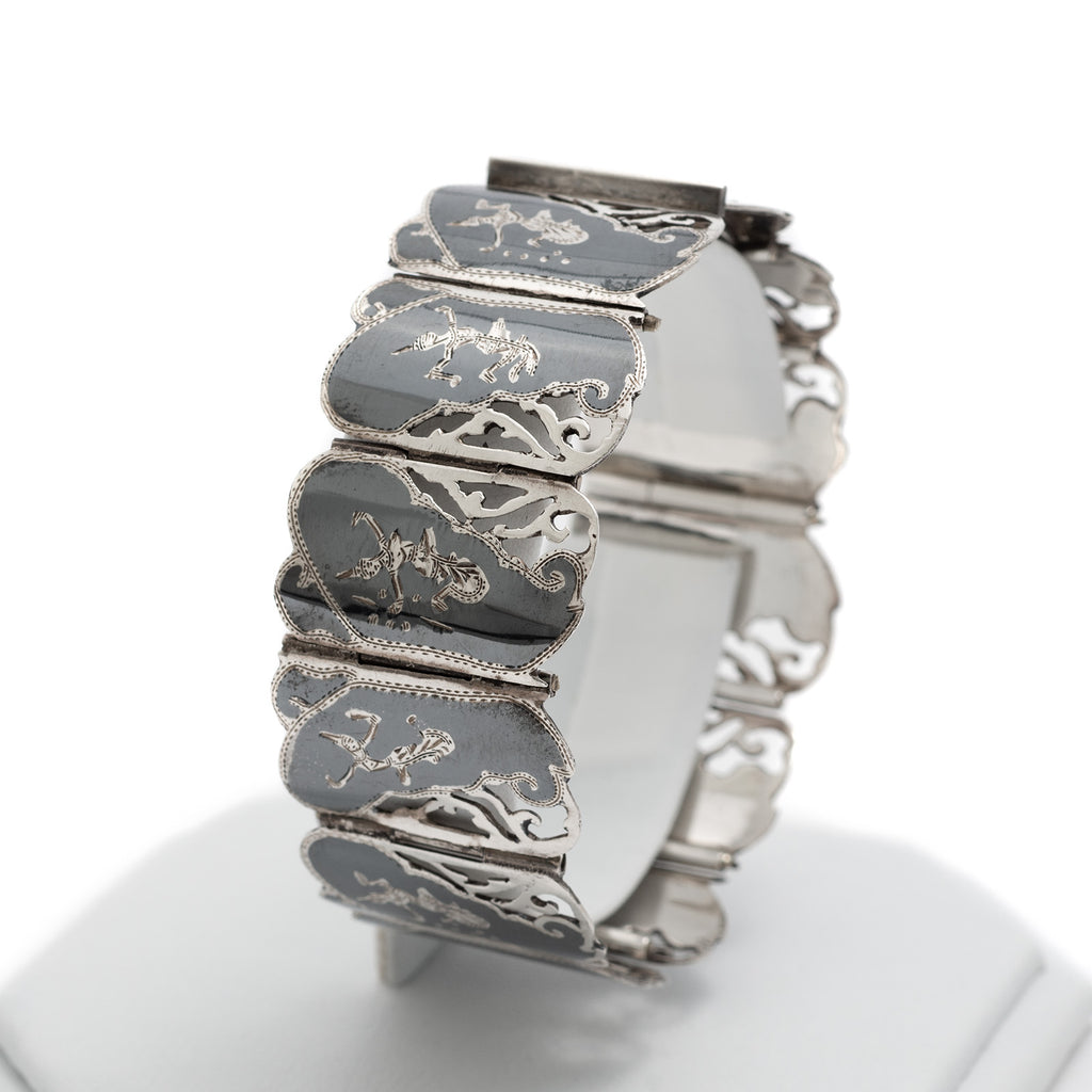 Vintage Siamese (Thailand) Silver Niello Fretwork Traditional Dancers Bracelet (Code A305)