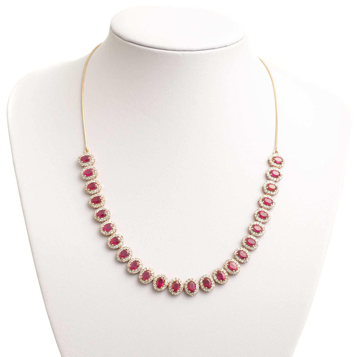 Vintage Ruby & White Topaz Halo Silver Set Riviere Necklace On Snake Chain (Code A358)