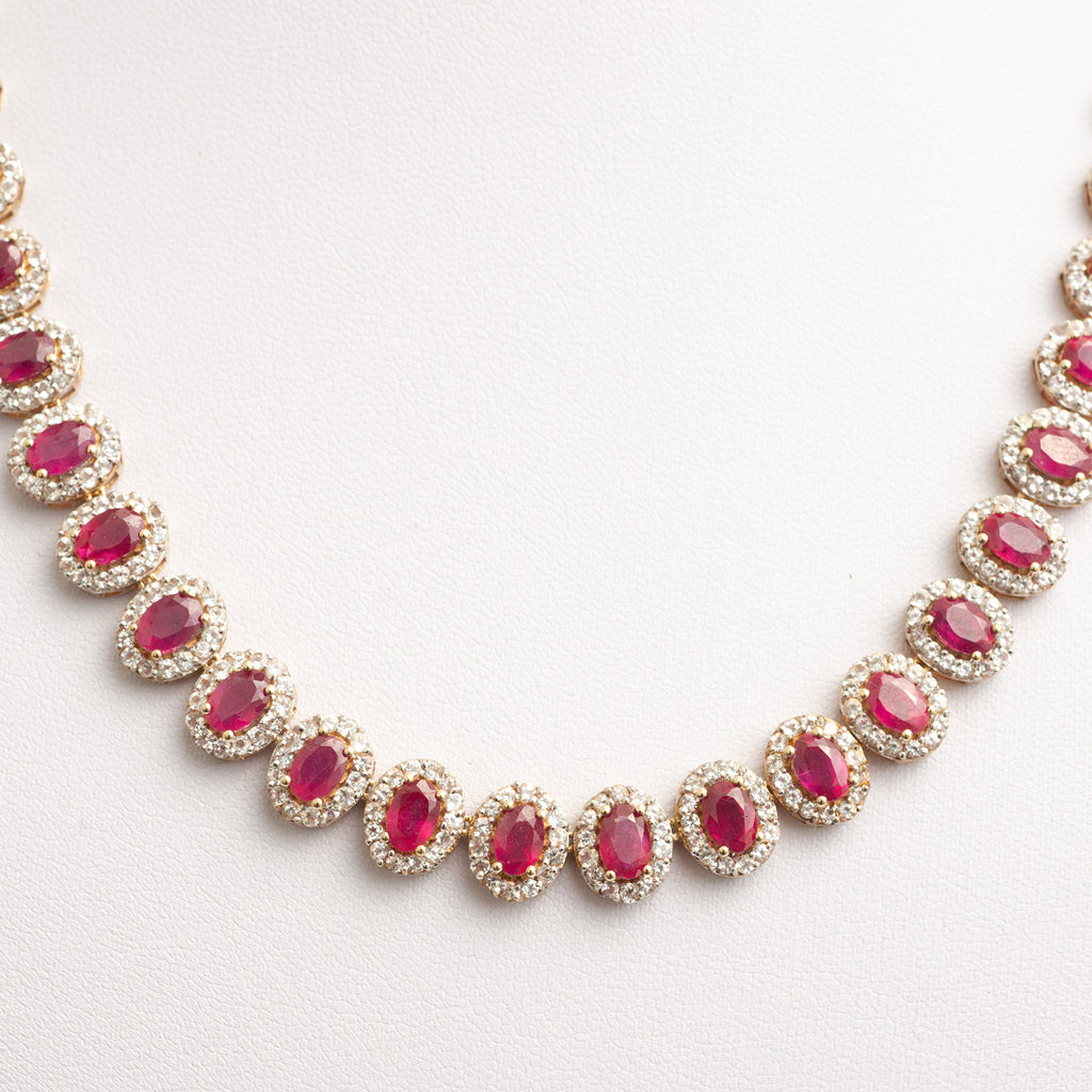 Vintage Ruby & White Topaz Halo Silver Set Riviere Necklace On Snake Chain (Code A358)
