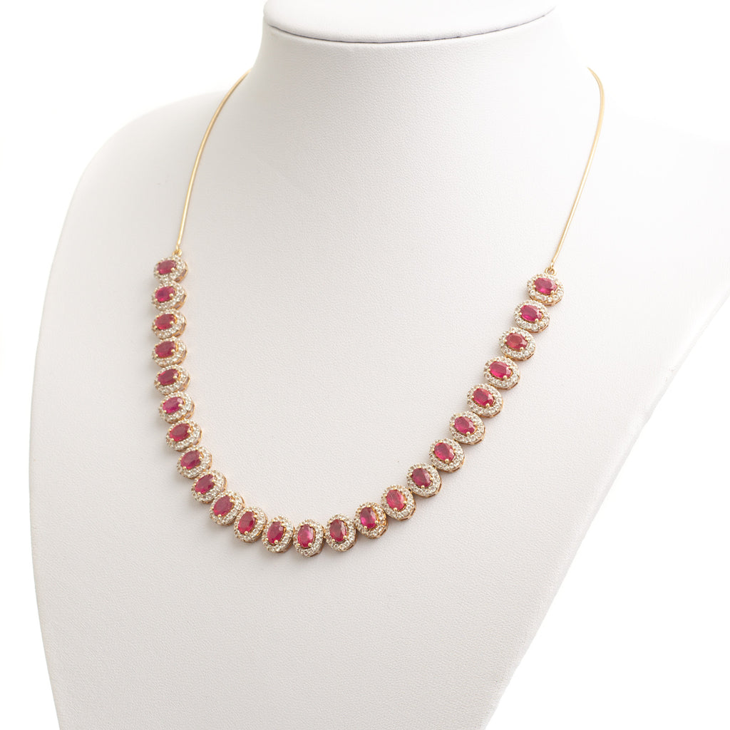 Vintage Ruby & White Topaz Halo Silver Set Riviere Necklace On Snake Chain (Code A358)