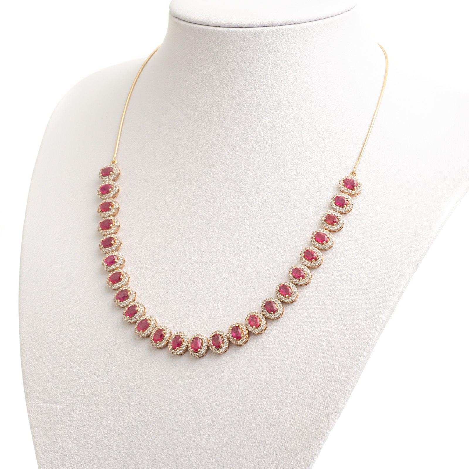 Vintage Ruby & White Topaz Halo Silver Set Riviere Necklace On Snake Chain (Code A358)