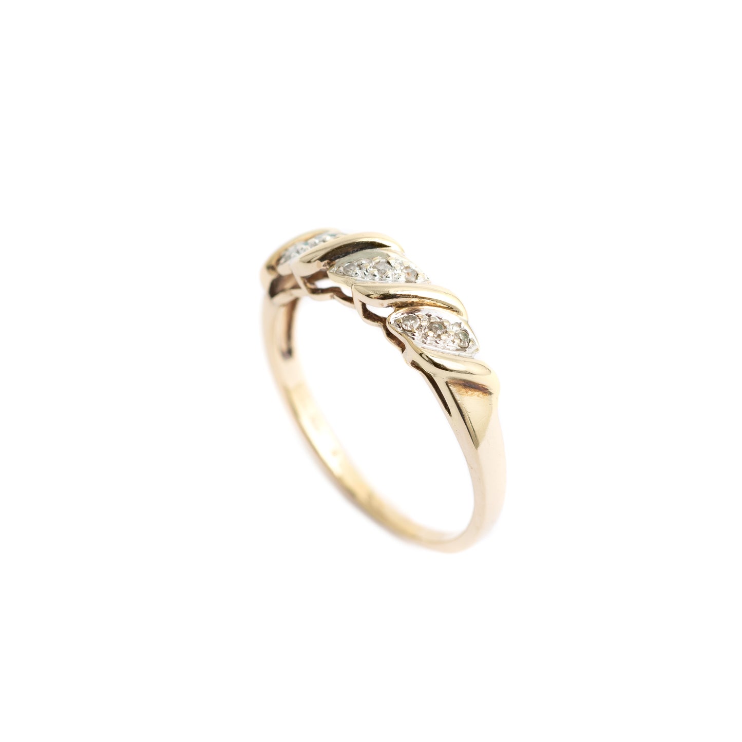 Ladies 9ct Gold Diamond Ring Twist Set With 9 Diamonds Size O  (Code A394)