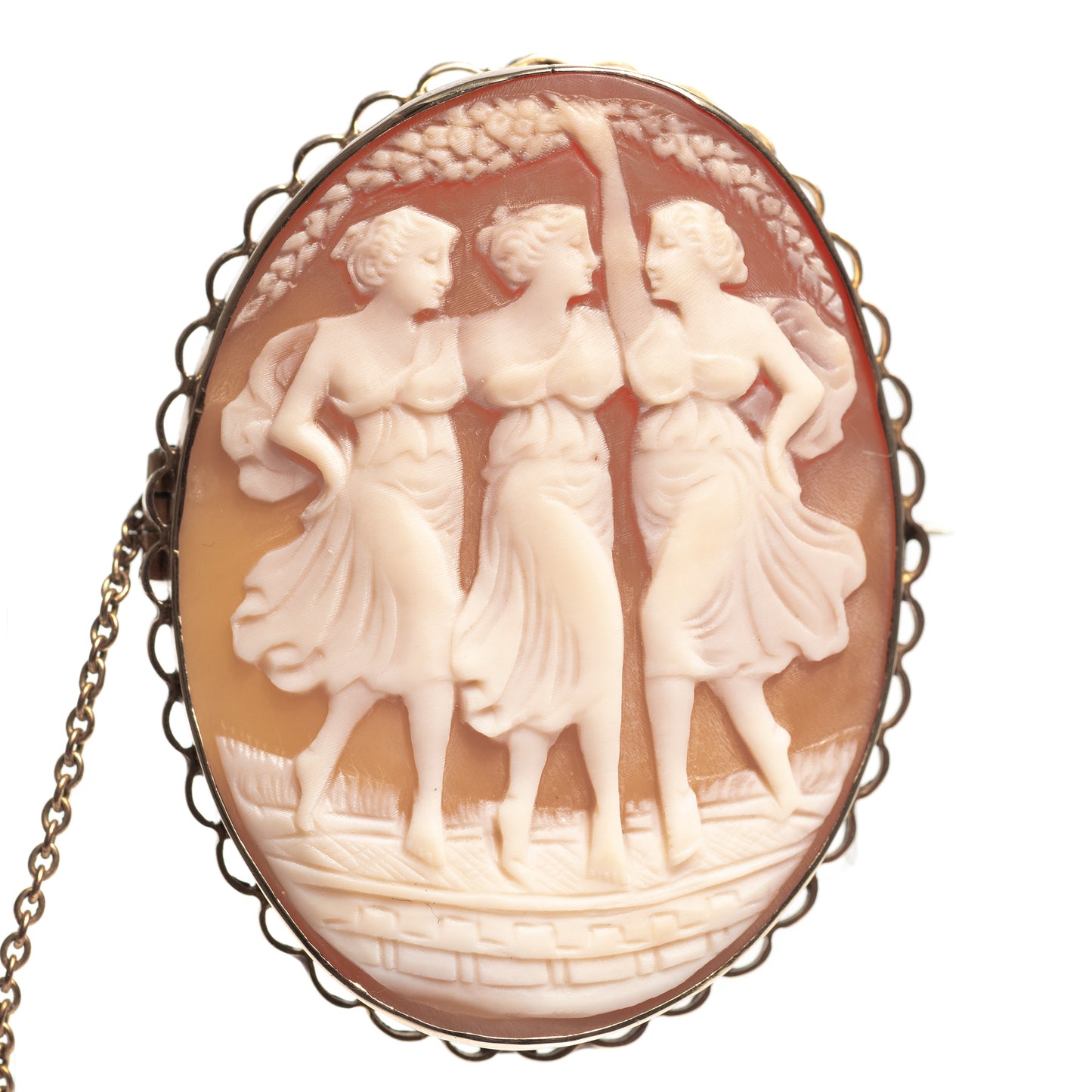 Antique Three Maidens Hand Carved Cameo Shell Brooch With 9ct Gold Mount (Code A401)