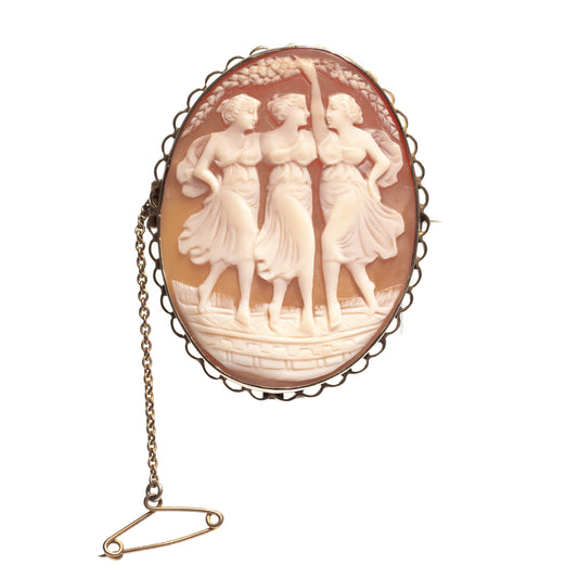 Antique Three Maidens Hand Carved Cameo Shell Brooch With 9ct Gold Mount (Code A401)