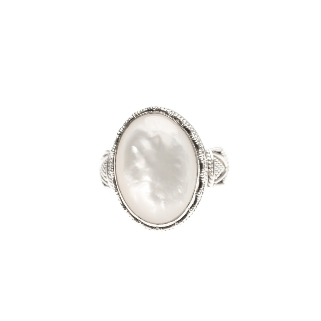 Vintage BA Suarti Silver Statement Ring With Mother Of Pearl Cabochon Size N (Code A414)