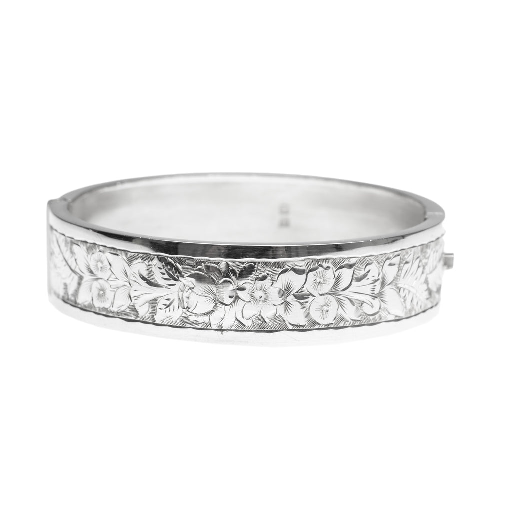Antique Victorian Silver Hinged Bangle Bracelet Chased Floral Design Hallmarked 1885 (Code A420)