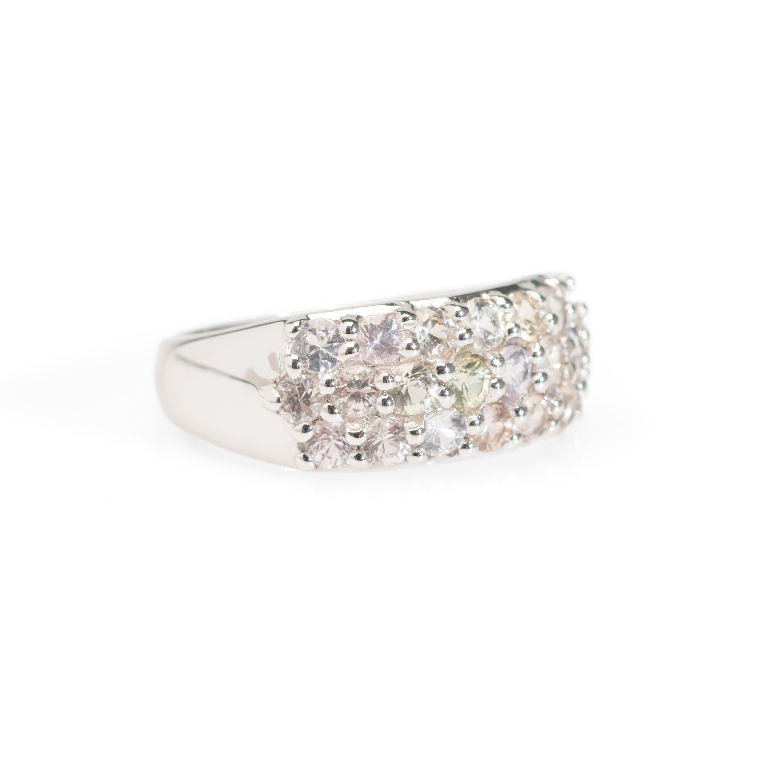 9ct Gold & Pastel Sapphire Pave Set Ring In Broad White Gold Band Size N  (Code A427)