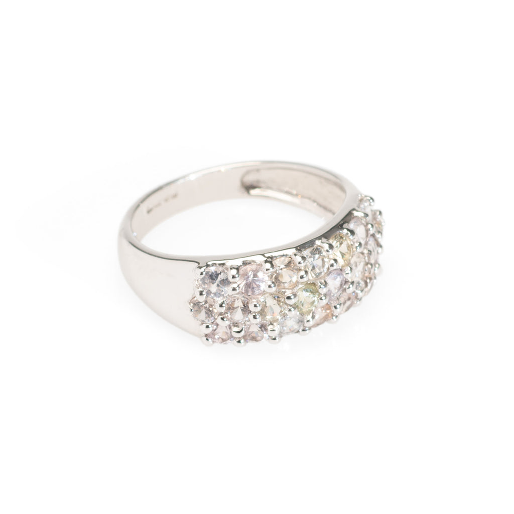 9ct Gold & Pastel Sapphire Pave Set Ring In Broad White Gold Band Size N  (Code A427)