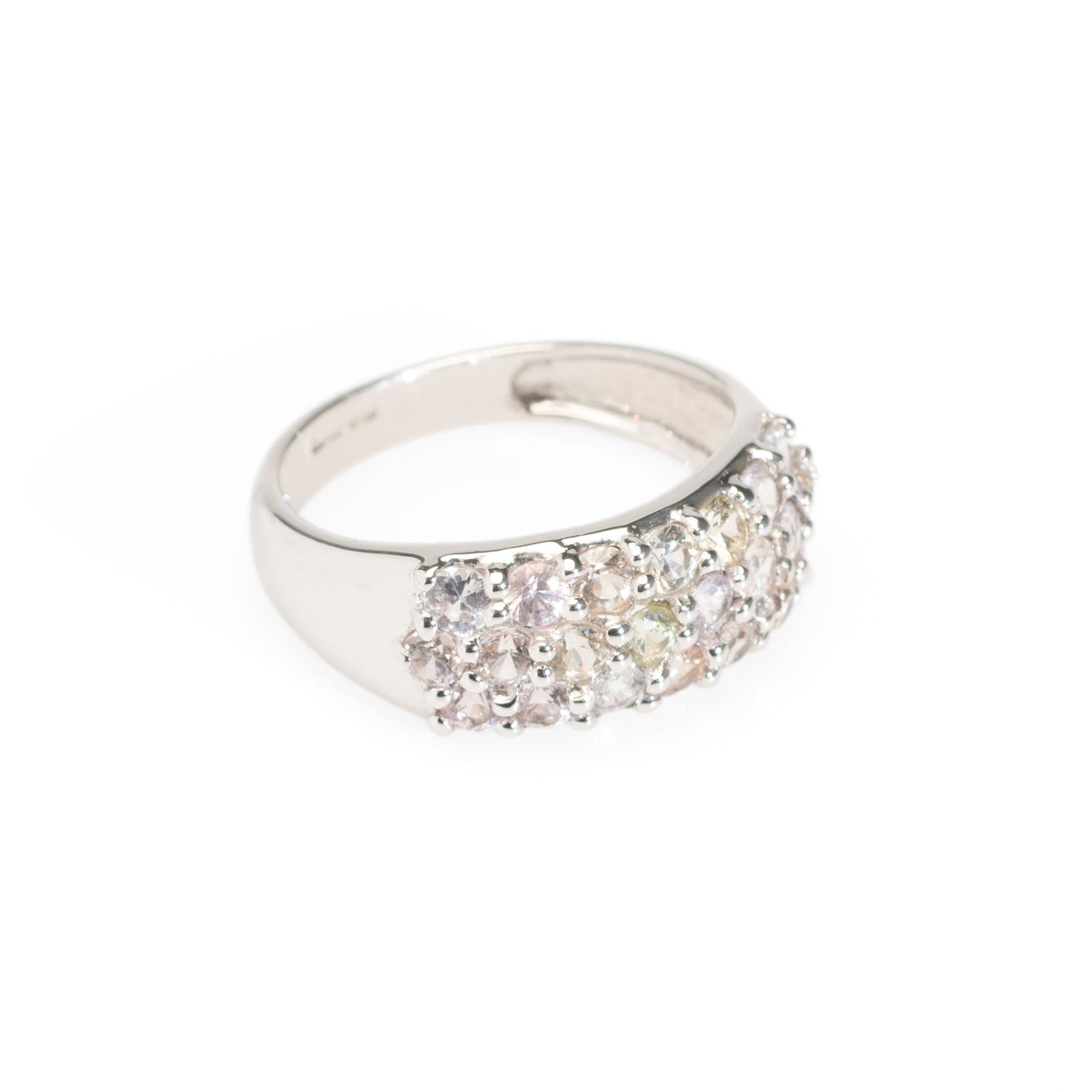 9ct Gold & Pastel Sapphire Pave Set Ring In Broad White Gold Band Size N  (Code A427)