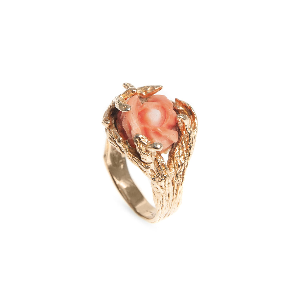 Vintage 14ct Gold & Carved Coral Rose Ring With Decorative Fronds Size O 1/2  (Code A428)