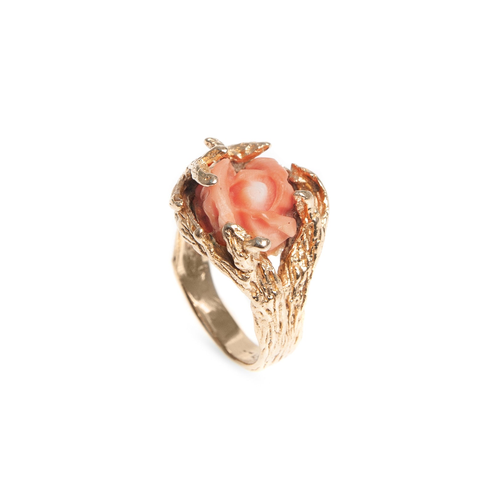 Vintage 14ct Gold & Carved Coral Rose Ring With Decorative Fronds Size O 1/2  (Code A428)