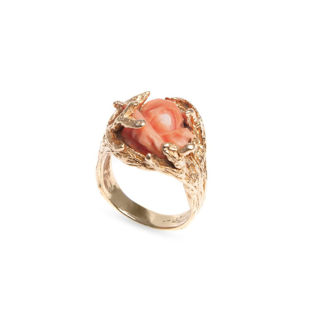 Vintage 14ct Gold & Carved Coral Rose Ring With Decorative Fronds Size O 1/2  (Code A428)
