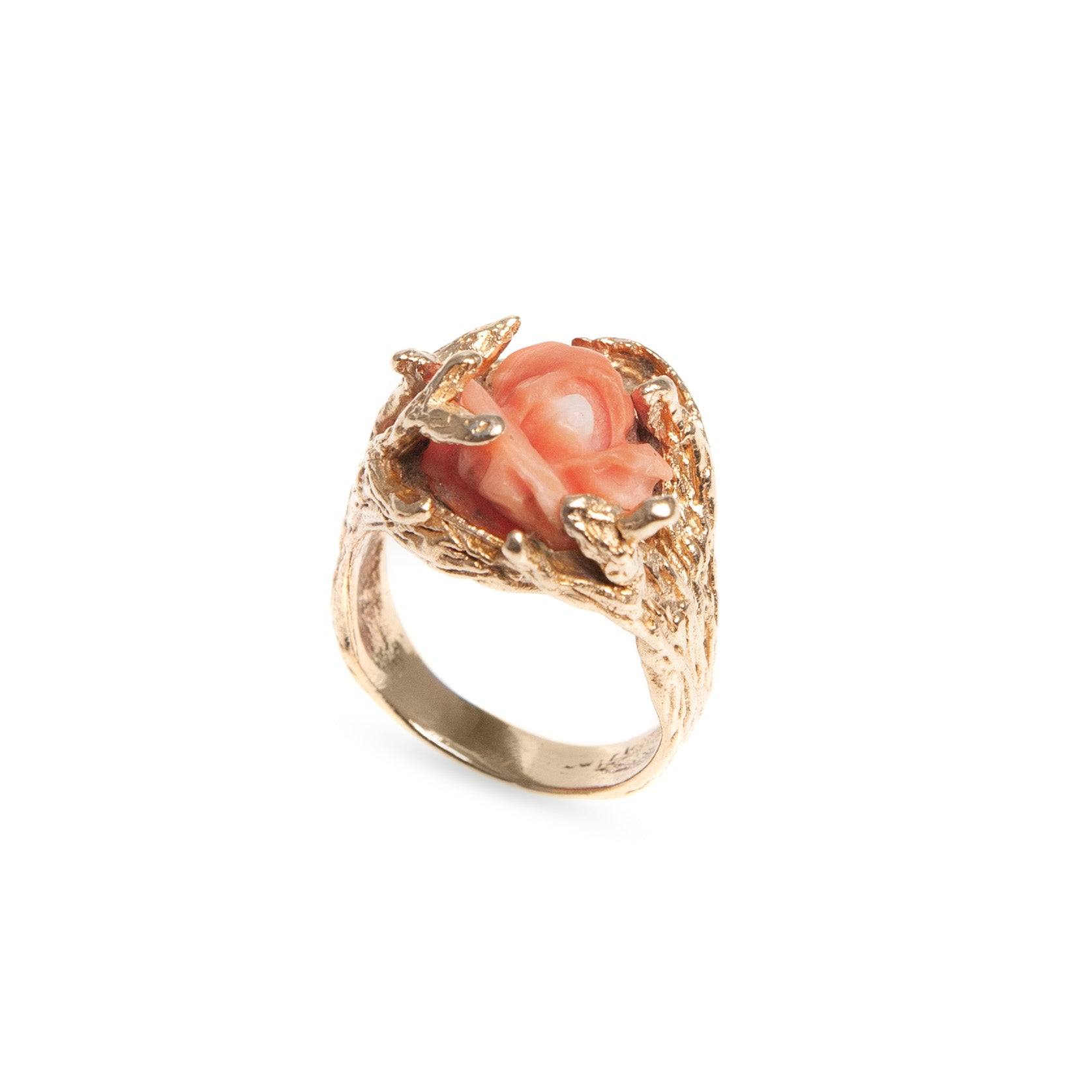Vintage 14ct Gold & Carved Coral Rose Ring With Decorative Fronds Size O 1/2  (Code A428)