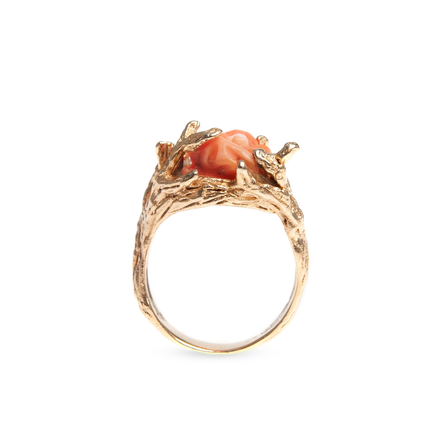 Vintage 14ct Gold & Carved Coral Rose Ring With Decorative Fronds Size O 1/2  (Code A428)