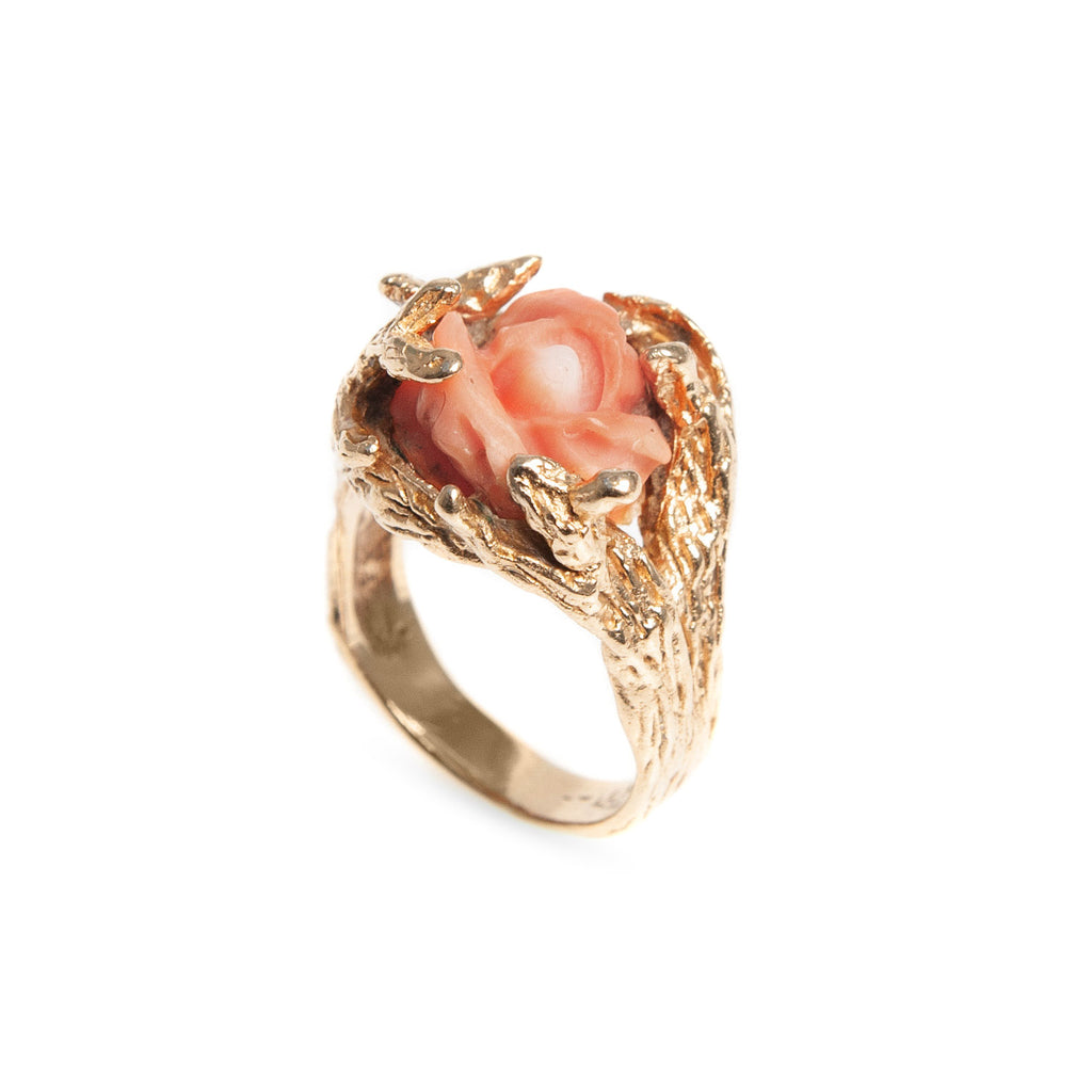 Vintage 14ct Gold & Carved Coral Rose Ring With Decorative Fronds Size O 1/2  (Code A428)