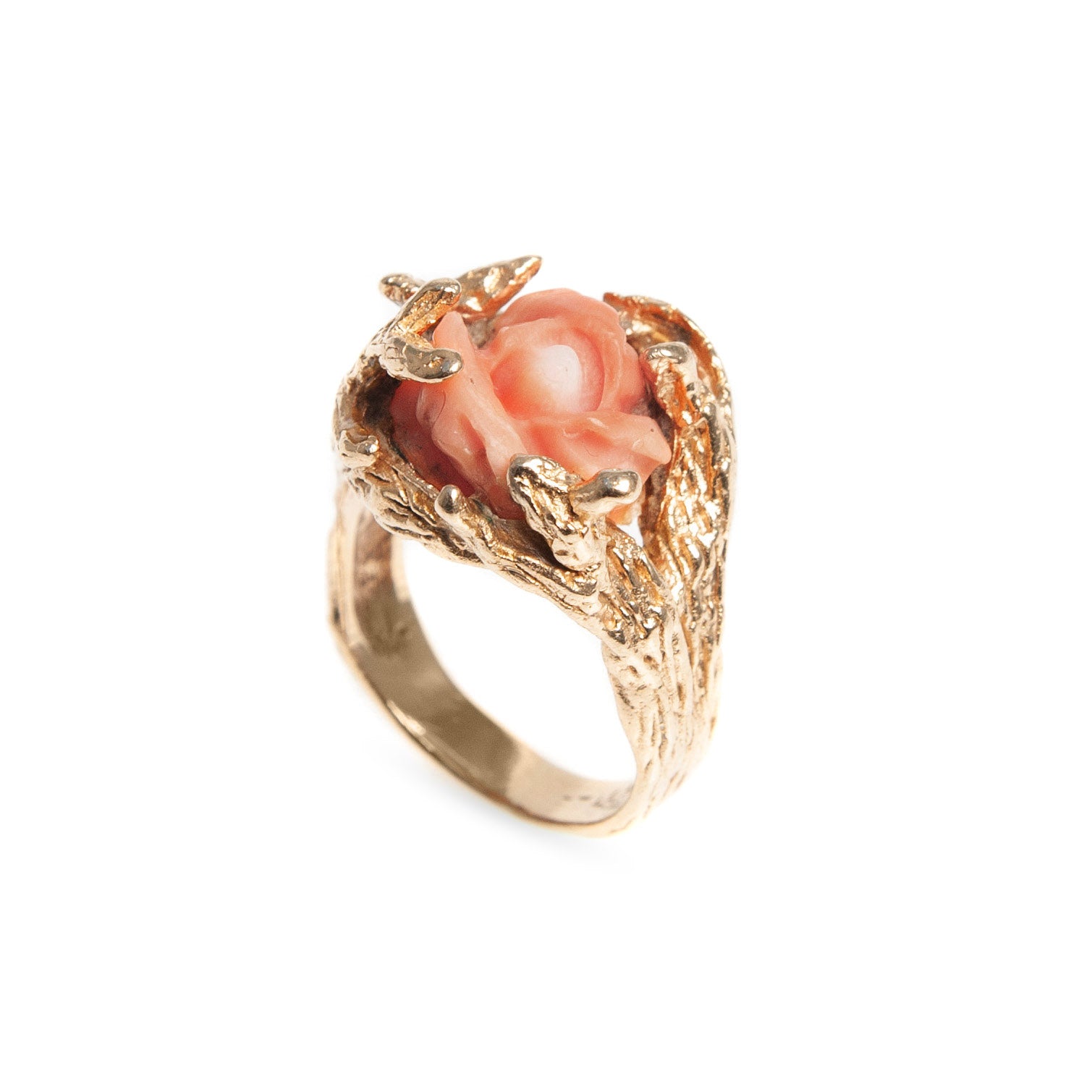 Vintage 14ct Gold & Carved Coral Rose Ring With Decorative Fronds Size O 1/2  (Code A428)