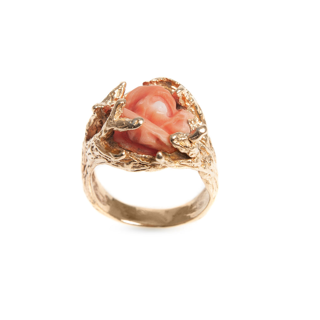 Vintage 14ct Gold & Carved Coral Rose Ring With Decorative Fronds Size O 1/2  (Code A428)