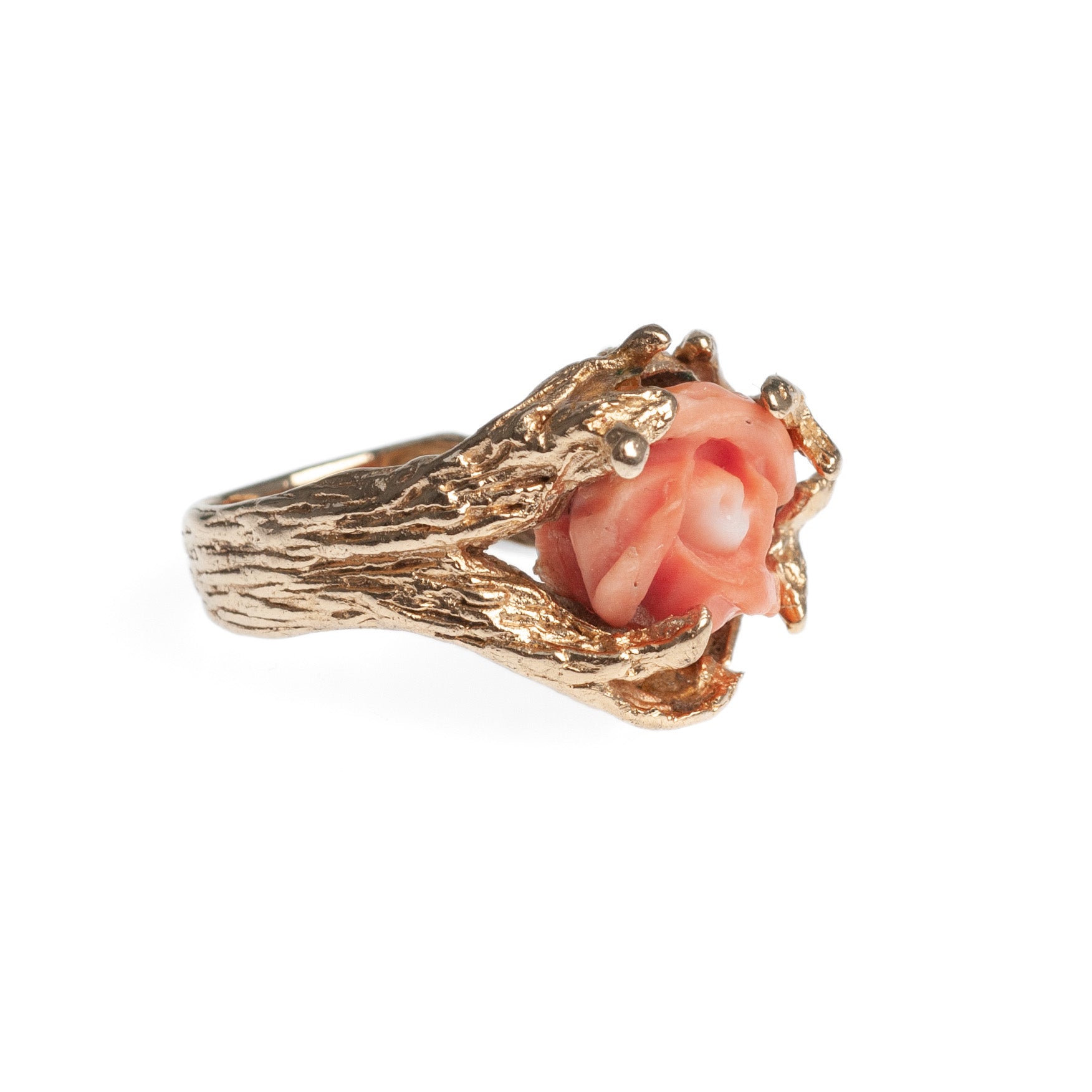 Vintage 14ct Gold & Carved Coral Rose Ring With Decorative Fronds Size O 1/2  (Code A428)