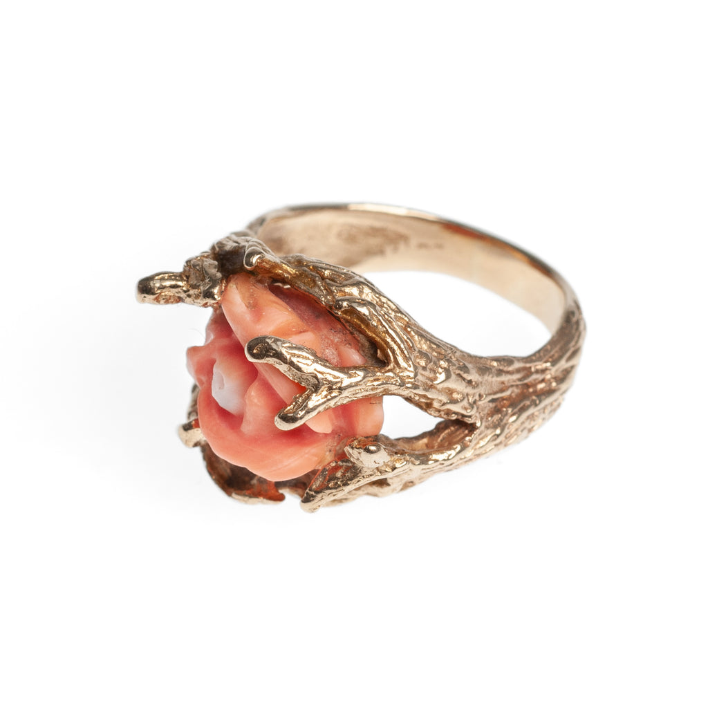 Vintage 14ct Gold & Carved Coral Rose Ring With Decorative Fronds Size O 1/2  (Code A428)