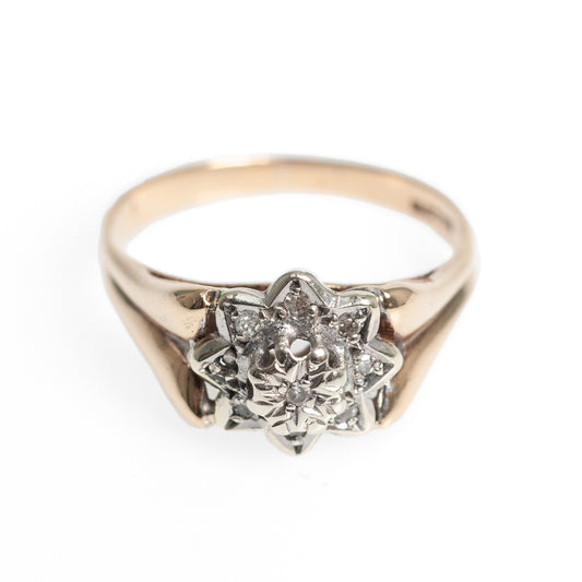 9ct Gold & Diamond Vintage Ladies Ring Flower Set Design Size L  (Code A440)