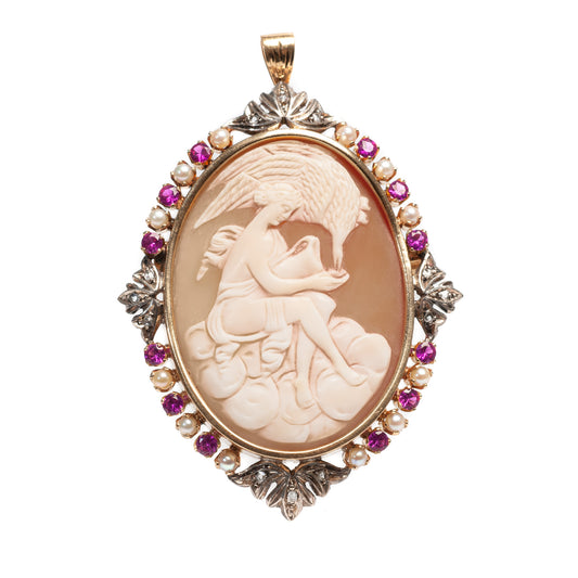 22ct Gold Cameo Brooch/Pendant Diamond Sapphire & Pearl Hebe feeding Zeus (Code A456)