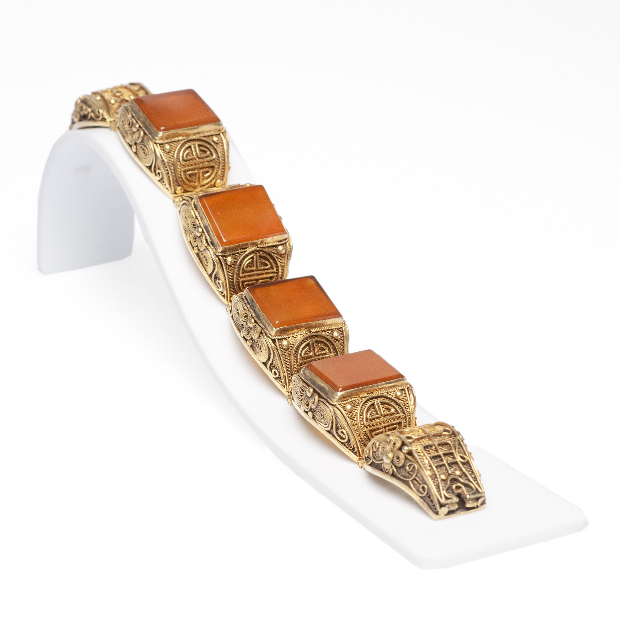 Chinese Silver Gilt & Carnelian Bracelet Filigree Design Vintage Republican  (Code A458)