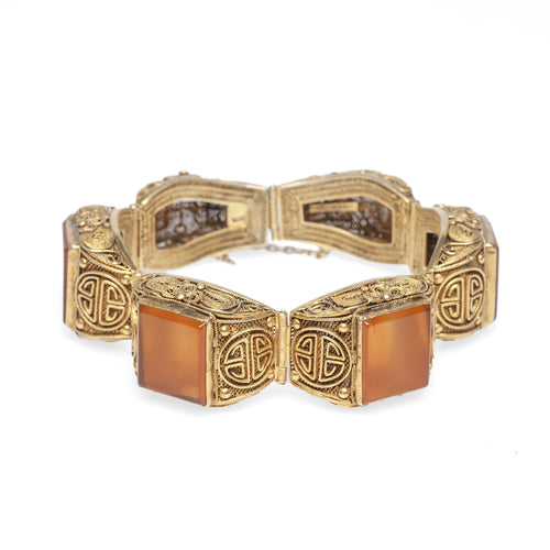 Antique Chinese Silver Gilt Carnelian Filigree Bracelet Shou Longevity Symbols Republic Period - A458