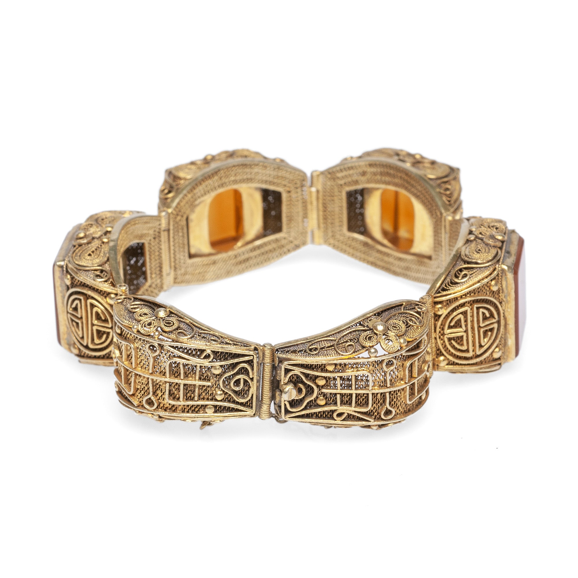 Chinese Silver Gilt & Carnelian Bracelet Filigree Design Vintage Republican  (Code A458)