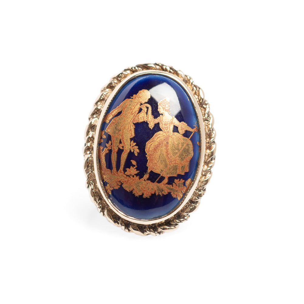 9ct Gold & Limoges Porcelain Vintage Ring With Romantic Couple Scene H'mark 1976  (Code A521)