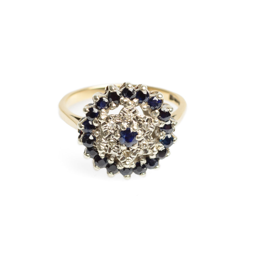 9ct Gold Art Deco Design Sapphire & Diamond Cocktail Ring With Snowflake Mount  (Code A578)