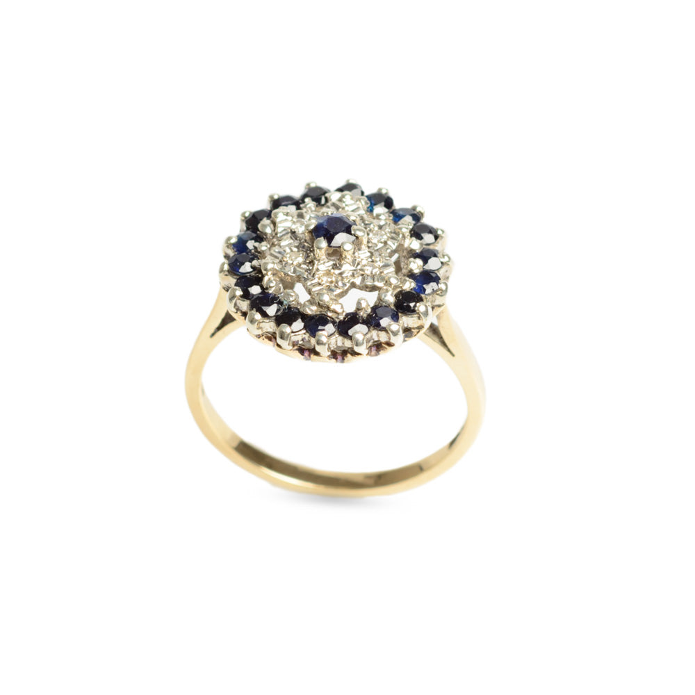 9ct Gold Art Deco Design Sapphire & Diamond Cocktail Ring With Snowflake Mount  (Code A578)