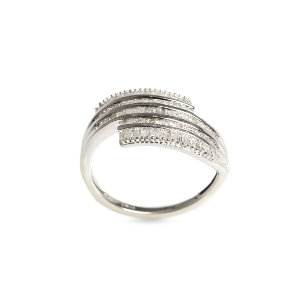 9ct White Gold & Diamond Channel Set Crossover Ladies Ring Size O  (Code A585)